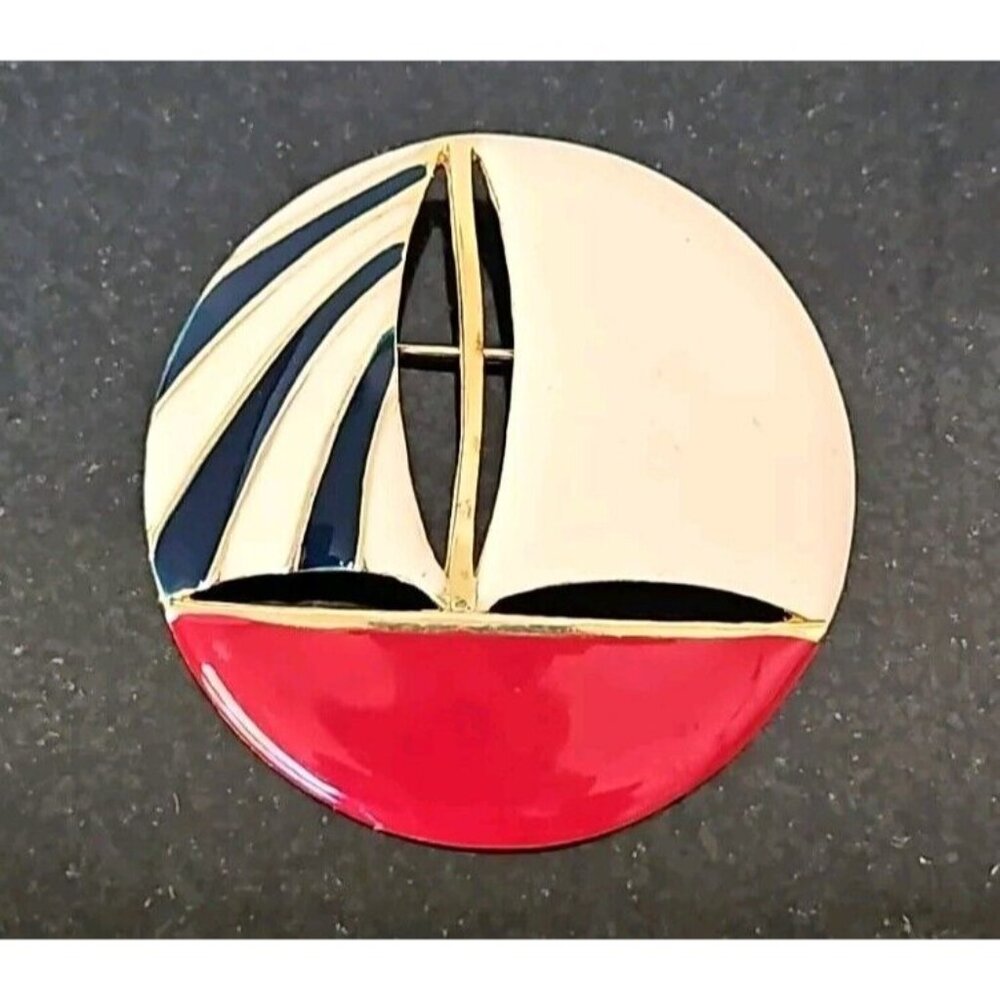 Vintage Brooch Sailboat 3" Large Enameled Metal Pin Nautical Patriotic 1950s